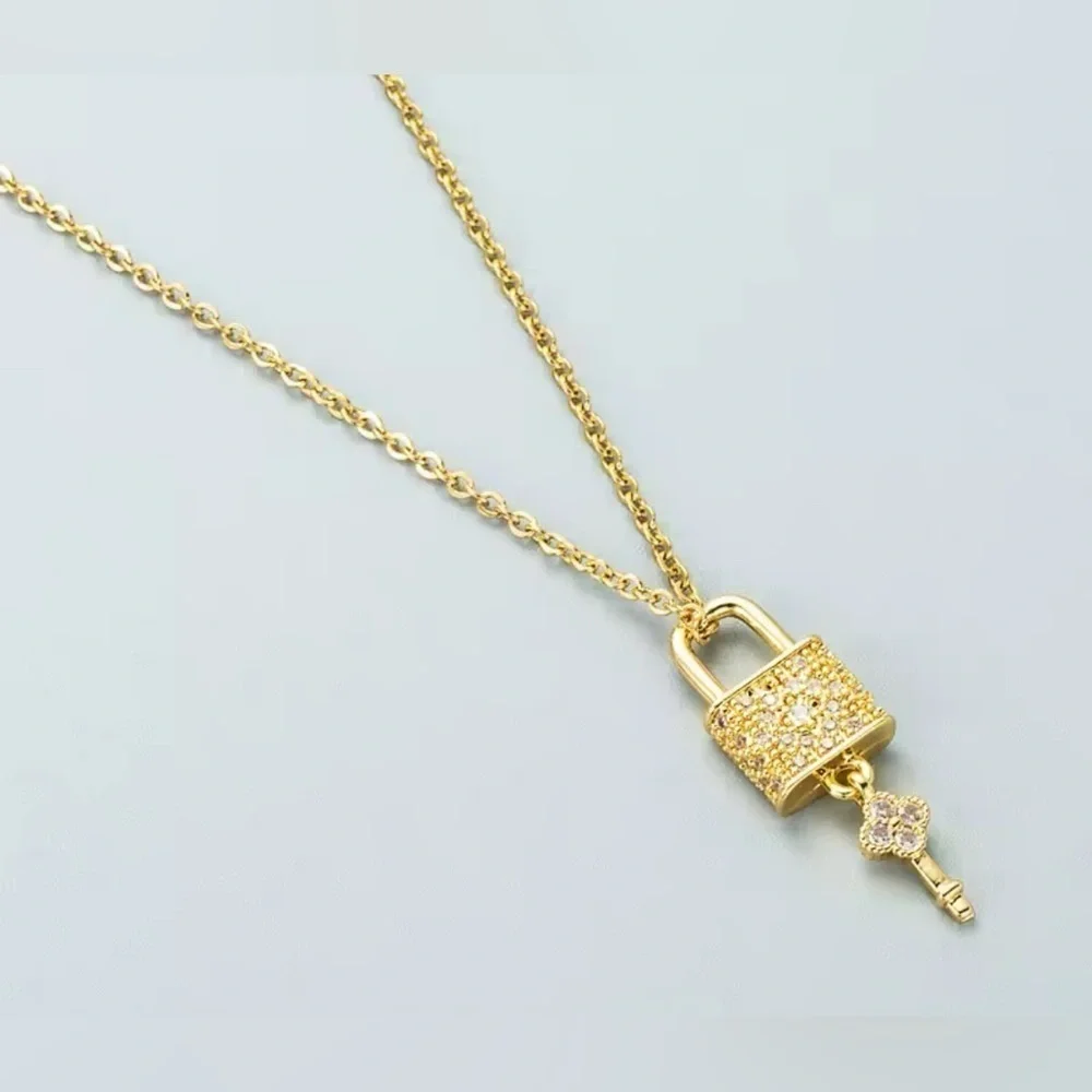 18K Gold Clover & Flower Diamond Lock & Key Luxury Inspired Design Necklace